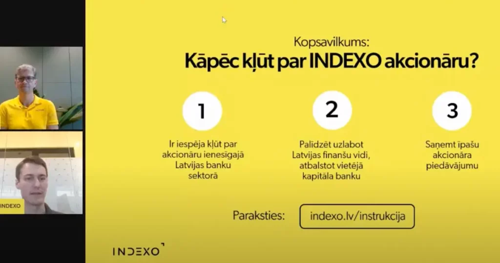 Ekrānšāviņš no INDEXO vebināra ar trīs soļiem kāpēc kļūt par INDEXO akcionāru un kreisajā pusē divi logi, vienā ir Valdis Siksnis un otrā Artūrs Roze