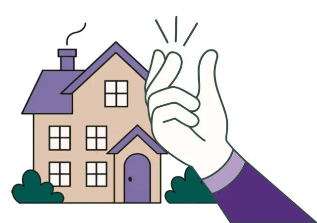 Illustration of a hand knocking on a brown two-story house