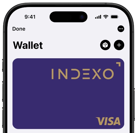 Приложение для цифрового кошелька отображает карту INDEXO Visa на экране смартфона.