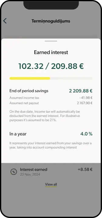 A phone showing INDEXO screen from termdeposit section about earned interest so far