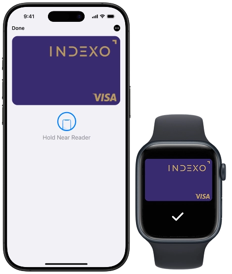 Smartphone and smartwatch display digital INDEXO Visa card for contactless payments.