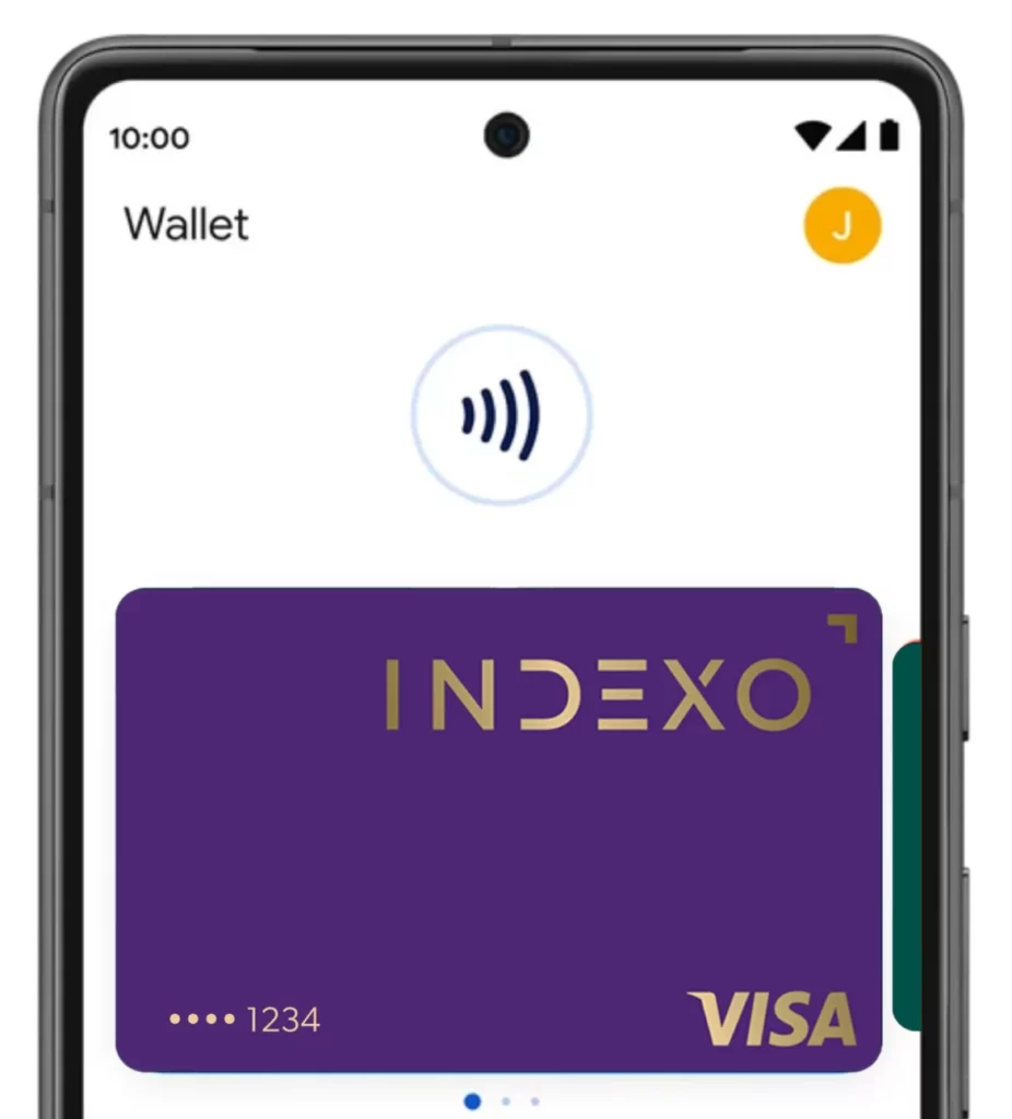 На экране смартфона отображается цифровой кошелек с картой INDEXO Visa, готовой к бесконтактной оплате.